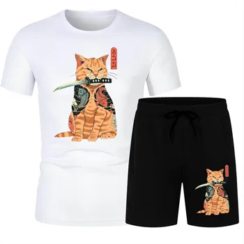 Modes vasaras 2D iespiests Kaķis āra ielu ikdienas sporta ātri sausas zaudēt pieaugušo īsām piedurknēm vīriešu pludmales, Bikses, T-kreklu komplekts